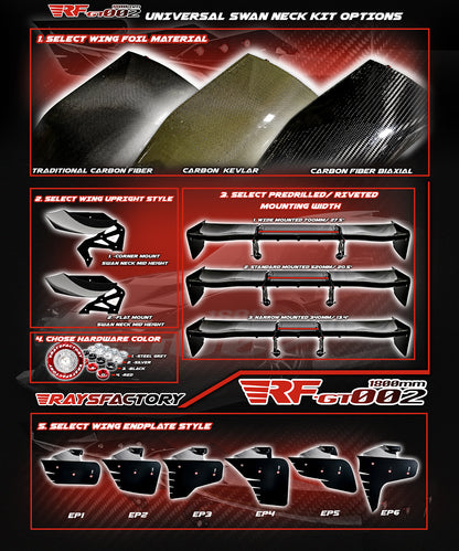 RF-GT002 1800MM Carbon Fiber GT Wing Kit - SWAN NECK UNIVERSAL