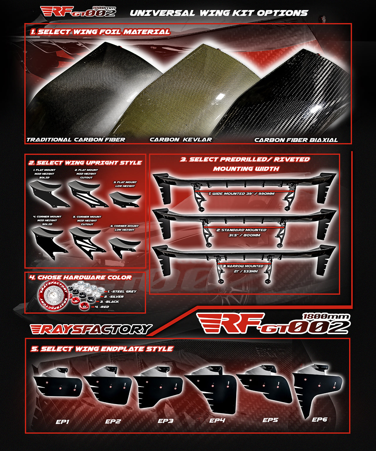 RF-GT002 1800MM Carbon Fiber GT Wing Kit - UNIVERSAL