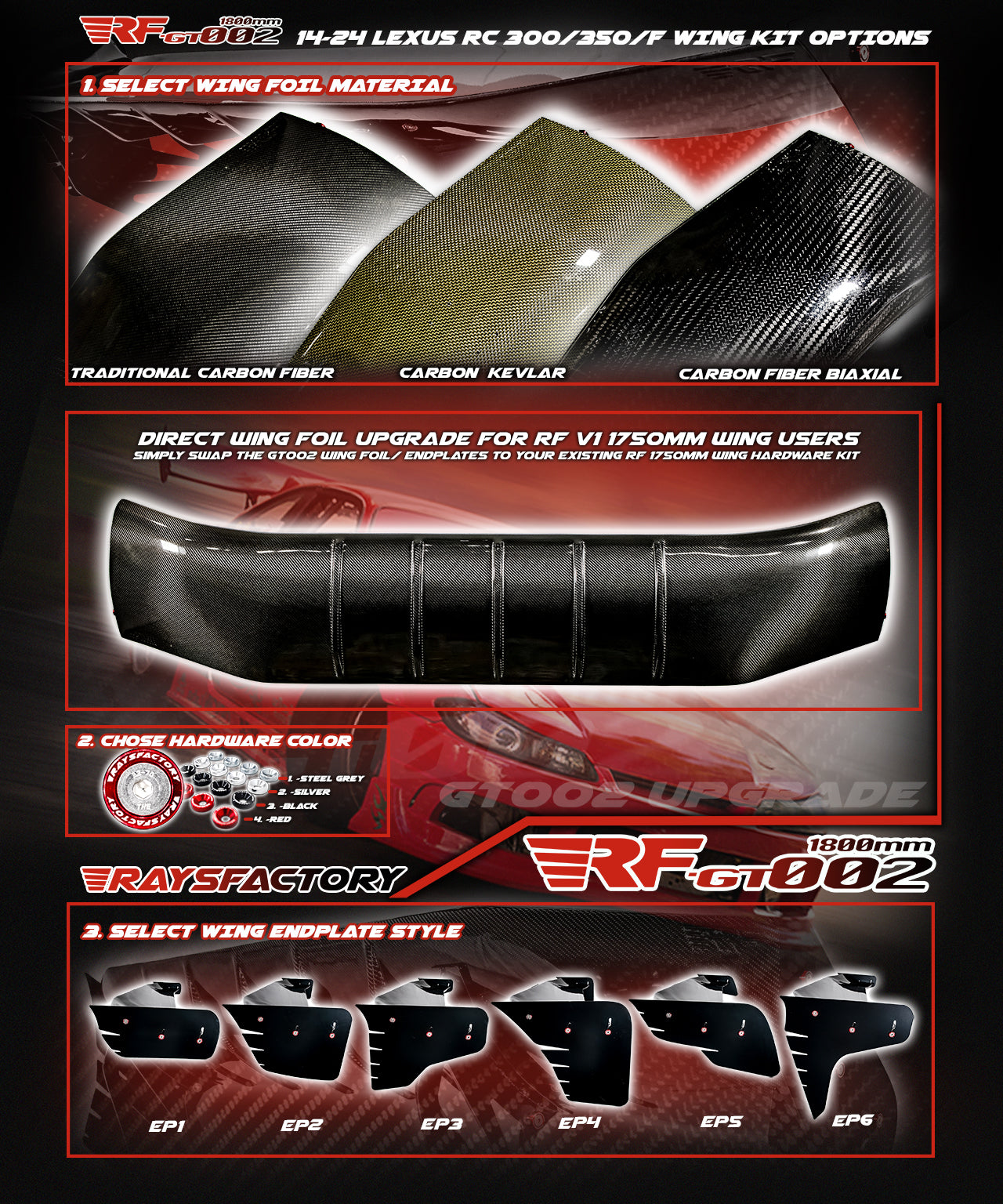 RF-GT002 1800MM Carbon Fiber GT Wing Kit - V1 Wing Upgrade Kit to GT002